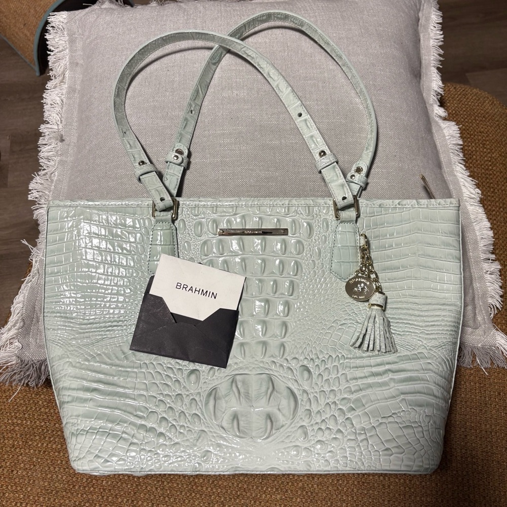 Brahmin Medium Asher Tote Powder Blue Crocodile Embossed Leather Like New